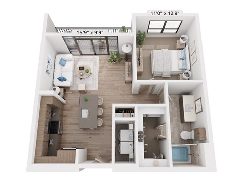 Floor plan for 1 bed, 1 bath, 749 sqft